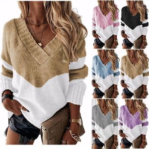 Women's Sweaters Women's Knitted Sweater Sexy V-neck Stitching Contrast Color Long-Sleeved Knitting Top Pullover Autumn Winter Warm