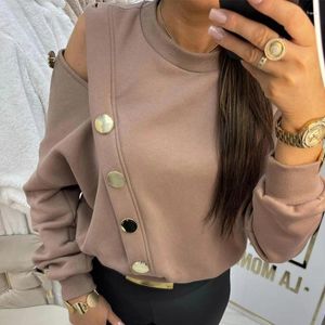 Women's Hoodies Elegant O Neck Long Sleeve Tops Pullover Women Causal Off Shoulder Fashion Commute Button Loose Jumper Sweatshirt