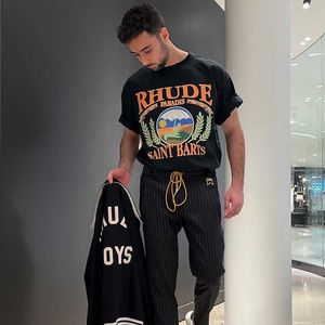 Designer Fashion Clothing Tees Hip Hop Tshirts Rhude American Trend Brand Summer Vacation Beach Vintage Couple Vtg High Street Loose T-shirt Men Streetwear