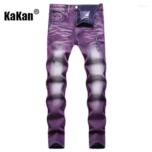 Męskie dżinsy Kakan - europejski i amerykański motocykl wydrukowane farbowane dla mężczyzn street trend elastyczny prosta noga długa K53-2