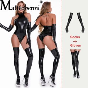 Bodysuits de bondage de couro falso quente lingerie de pelúcia feminino body erótico com luvas e meias sexy trajes de noite