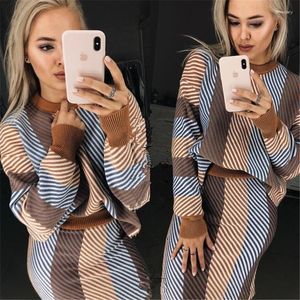 Work Dresses 2023 Knee-length Winter Fashion Suit Skirt Diagonal Stripes Round Neck Long-sleeved Sweater Two-piece Female Two Piece Set
