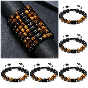 Initialen-Armbänder für Männer, Buchstaben-Link, handgefertigt, natürlicher schwarzer Onyx, Tigeraugen-Stein, Perlen, geflochtenes Seil, bedeutungsvolles Armband