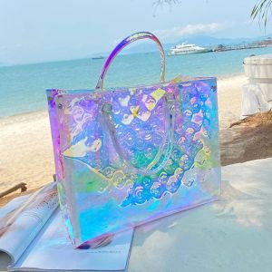 Tote Women Laser Flash Handbags Transparent Duffle Bag Brilliant Colour Magic Rainbow Portable Beach Transparent Laser Summer Female