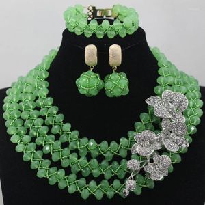 Halsband örhängen set grön nigerianska afrikanska pärlor smycken kostym bröllop brudörhängen/armband/halsband grossist alj783