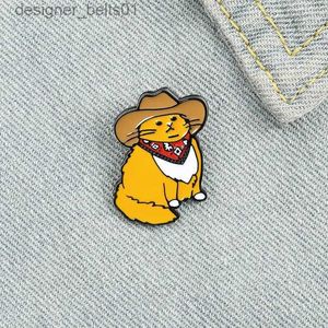 Pins broches cowboy gatos esmalte pino personalizado engraçado animal chapéu broches camisa lel saco bonito emblema dos desenhos animados gatinho jóias presente para amigos l231120