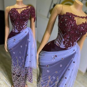 Aso ebi Arabic Promドレス豪華な首の首の片側肩ビーズクリスタルパープルシースコルセットアフリカナイジェリアスパークリングイブニングドレスセカンドレセプションガウン