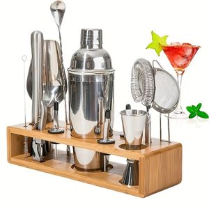 14pcs, Cocktail Shaker Set, Cocktail Bartender Kit Bar Drink Tool Set With Stylish Bamboo Stand Cocktail Recipes Booklet, Silvery