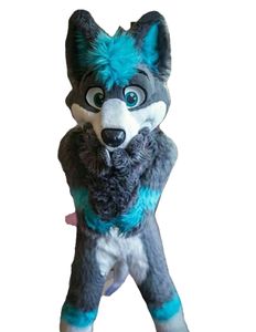 Halloween Mascot Costumes Long Fur Husky Dog Fox Fursuit Furry Mascot Head Tail Gloves Suit Fancy Dress Adult Outdoor