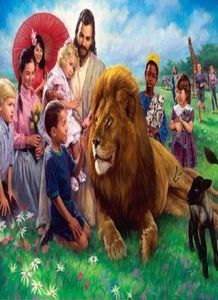 Aslan ve Kuzu Jesus Children Cennet Ev Dekoru HD Baskı Yağlı Tuval Duvar Sanatı Tuval 2002285724987