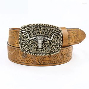 Cinture Cintura con fibbia in pelle PU vintage Cowboy occidentale Cowgirl Cintura con incisione floreale Punk Decorativo coordinato individuale