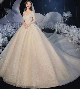 Новинка 2023 года, свадебное платье со звездами, французское платье с плечами и большим хвостом, платье шампанского с высокой талией, темпераментное легкое свадебное платье