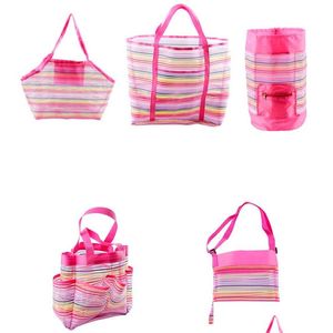 Storage Bags Striped Foldable Beach Toy Bag Storage Pouch Tote Mesh Bags Travel Organizer Sundries Net Dstring Backpack Drop Delivery Dhwqu