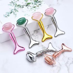 Rose Quartz Roller Zink Eloy Metal Fish Tail Shap Guasha och Pink Jade Roller Beauty Skin Care Gua Sha Facial Massage Tool for Face and Body Treatment