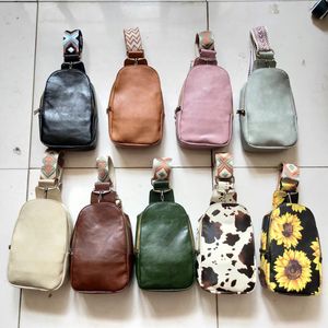 Sling Bag with Guitar Strap Vegan Leather Crossbody Bag cow printed Small Fanny Packs Multifunctional sunflower Waist Bags solid color Chest Bag