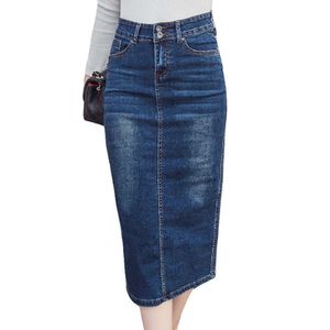 Saias 2018 saia de jeans longa botão vintage lápis de cintura alta azuis azuis femininas de mulheres plus size ladies escritório sexy jeans Faldas p230420