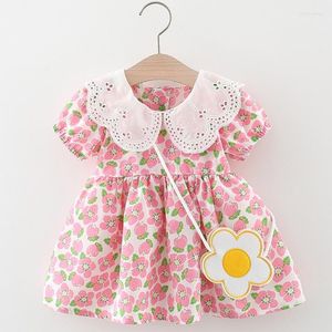 Girl Dresses 2Pcs/Set Baby Girls Lace Lapel Peach Blossom Chiffon Dress 2023 Summer Korean Version Small Flower Bag