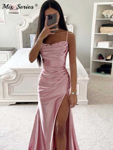 Casual Dresses Solid Satin Backless Side Split Maxi Dress Women 2023 Summer Sexy Slim Off Shoulder Ruched Bodycon Female Party Evening Dresses J230418