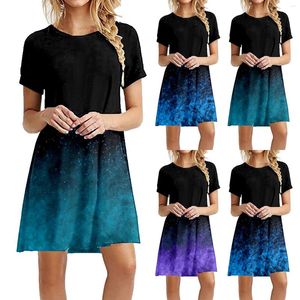 Casual Dresses Women Summer Beach Round Neck Short Sleeve Skirt Gradient Pattern Printed Dress