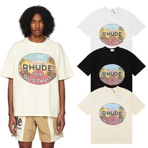 Дизайнерская модная одежда футболка хип-хоп Tshirts 23ss Rhude Hotel de Gustavia Hotel Print Print Chot Shirt Streetwear Свободная спортивная одежда свободная уличная одежда