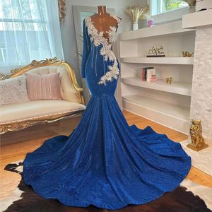 Royal Blue Beaded Backless Prom Dresses Mermaid Appliqued Evening Gowns With Long Sleeves Sheer Jewel Neck Special Occasion Formal Wear