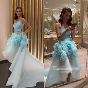 Unique High Low Prom Dresses With Handmade Flower Feather Party Gown Organza Asymmetrical Evening Dress 326