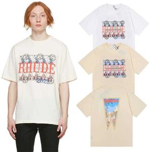 Rhude Tシャツデザイナーオリジナル品質のスタンプクロックココナッツツリーオイルペインティングプリントTシャツ男性女性ストリートウェアトップスポーツウェア