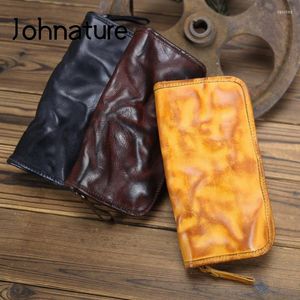 Wallets Johnature 2023 Retro Genuine Leather Wallet Card Holder Unisex Business Leisure Handmade Narure Cowhide Large Clutch