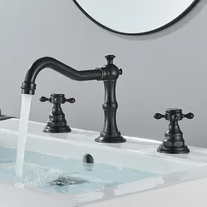 Bathroom Sink Faucets Black Oil Rubbed Brass Deck Mounted Faucet Widespread Three Hole Mixer Tap Dual Handles Cold Water