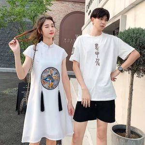 Etniska kläder 2023 Spring Summer Chinese Style Tassel Dress T-shirt kortärmad broderi Vintage Cheongsam White Traditional National