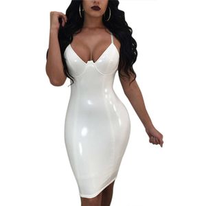 Sexy decote em v envoltório busto bainha de couro apertado vestido feminino zíper divisão hem erótico elegante suspensórios sem mangas vestido de látex brilhante