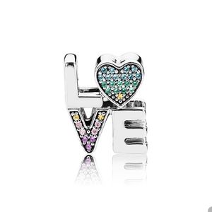 Rainbow Pave Love Hearts Charm 925 Sterling Silver för Pandora Snake Chain Armband som gör tillbehör Kvinnor Bangle smycken Fynd Charms med originalbox