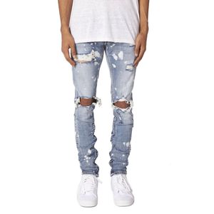 Mens Jeans Ripped Paint Distressed Button Fly Zipper Leg Hip Hop High Street Skinny Denim 230420