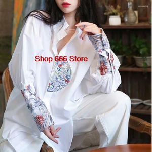 Abbigliamento etnico Estate Autunno Cina Stile RetroTops Camicie tradizionali cinesi Tang Suit Hanfu Donna Ricamo T-shirt bianca