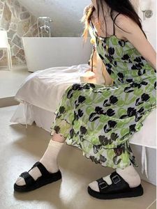 Casual Dresses All Match Sweet Y2k Aesthetic Camisole Fashion Women Flower Print Vestidos Summer Japanese Elegant Romantic Long Dress