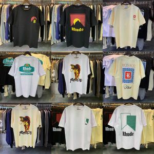 Roupas de moda de grife camisetas de hip hop modernas Rhude American Street Ins High Street Estampa solta Masculino Feminino Algodão puro Underlay T-shirt Summer Streetwear