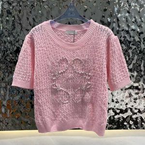 Camisolas femininas designer de moda suéter oco de malha regata de lã camiseta verão gola redonda bordado loe com diamantes camisas de manga curta pulôver