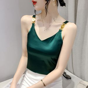 Camisoles Tanks New Cami Top V-neck Solid Fashion Sleeveless Top Summer Womens Temperament Elegant Office Lady Backless Top Silk Spaghetti Camis 230420