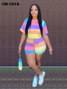 Женские брюки с двумя частями Cm.yaya Rainbow Striped Two 2 Piece Set для женщин Летний случайный элегантный элегантный спортивный спортивный костюм Sport Fashion Sweatsuit 230420