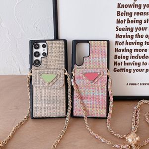 Chain Crossbody Handbags Phone Cases Card Holders Pockets for Samsung S20 S21 S22 S23 S24 Plus Note 20 Ultra 10 Deluxe Weave Pattern Wallet Full-body Mobile Back Covers