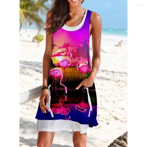 Novos vestidos casuais flamingo feminino vestido de impressão midi boêmio cinta praia moda festa à noite elegante sem mangas vestido boho