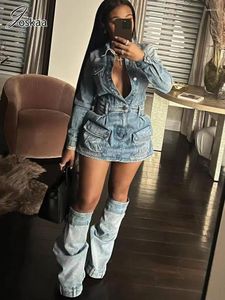 Vestidos casuais joskaa azul denim 3 peça conjunto mulheres sexy lapela botão manga longa mini vestido e calças perna combinando outono 2023 streetwear