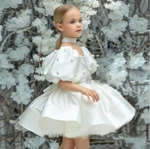 Princess Cute White Flower Girl Dresses New Ball Gown Satin Pearls Tulle Lilttle Kids Birthday Weddding Ruffles Infant Girls Pageant Prom Gowns 403