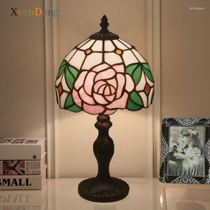 Lampy stołowe lampa śródziemnomorska tiffany retro witraże różowe róża sztuka tureckie mozaiki biurko sypialnia nocne światła dekoracyjne