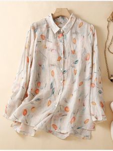 Женские блузок Leisure Женские топы с длинным рукавом Mujer Vintage Floral Print рубашка повседневное ретро -весеннее хлопковое льняное блуз