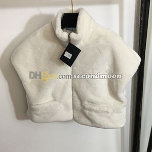 Women Wool Vest Coat Letters Embroidered Cropped Jacket Stand Collar Plush Coats Zip Neck Outerwear