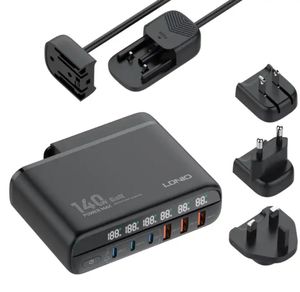 Adaptador de viaje Universal LDNIO A6140C EE. UU./UE/Reino Unido con cable PD tipo c PD de 100W carga rápida GaN de 140W para cargador de teléfono portátil macbook