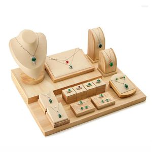 Jewelry Pouches Store Window Props Display Rack Solid Wood Microfiber Ring Seat Portrait Model Necklace Set