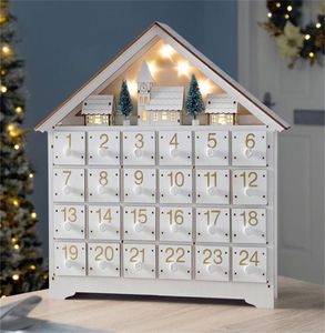 Julekorationer Vit LED 24 -dagars trä advent kalender batteryoperated lightup 24 förvaringslådor hus hem dekorera 2208755177