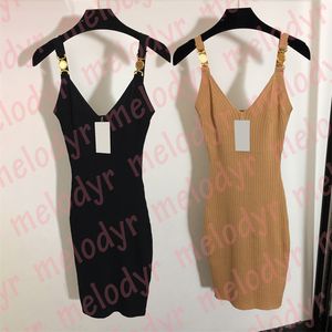 Luxury Knitted Dresses Womens Sexy Sling Skirts Classic Designer V Neck Slim Party Dress with Gold Buckle